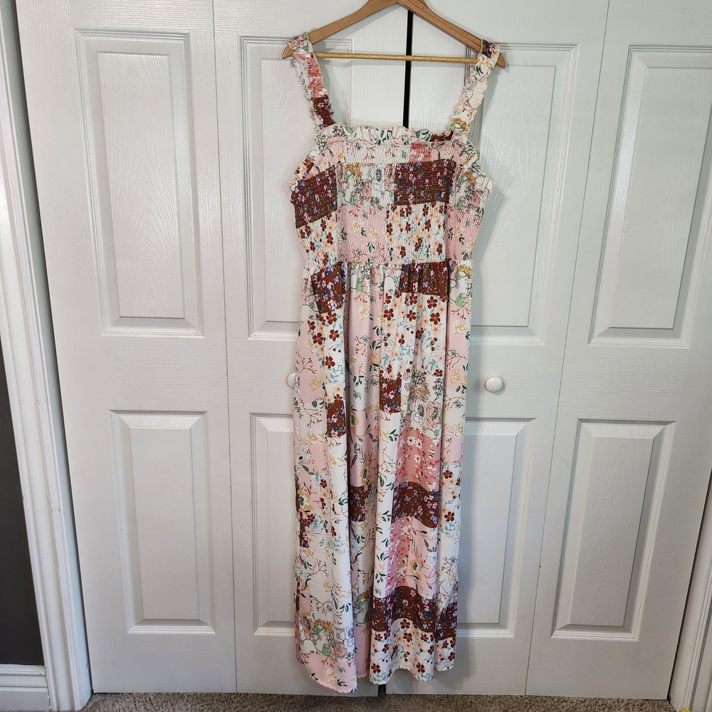 SHEIN Curve Womens 2XL Patchwork Floral Smocked Maxi Dress Pink Ruffle Strap